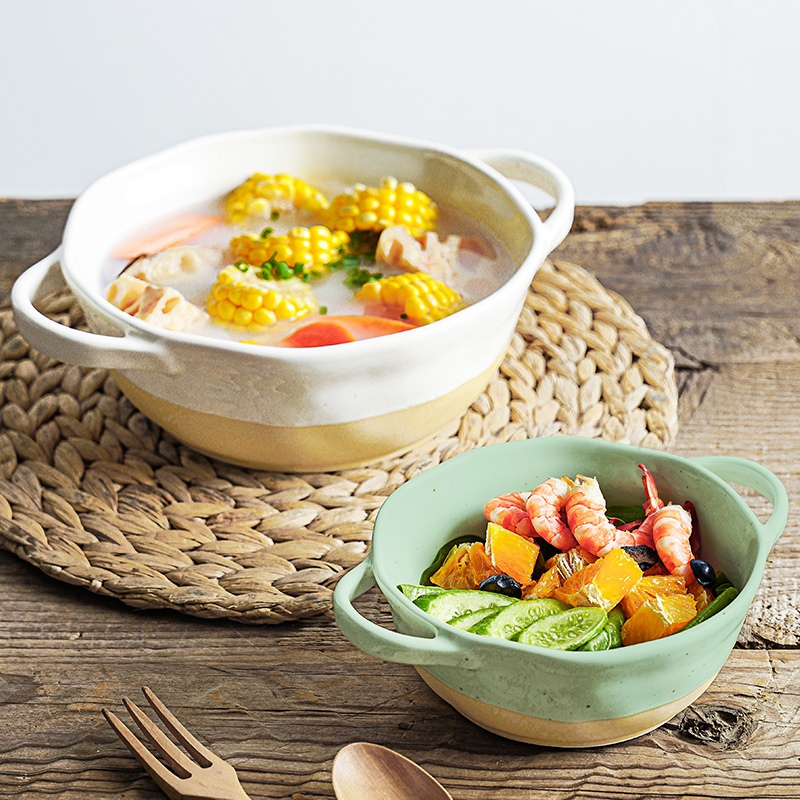 Ceramic Soup Bowl Double Ear Microwaveable Salad Pasta Noodle Bowl Household Tableware