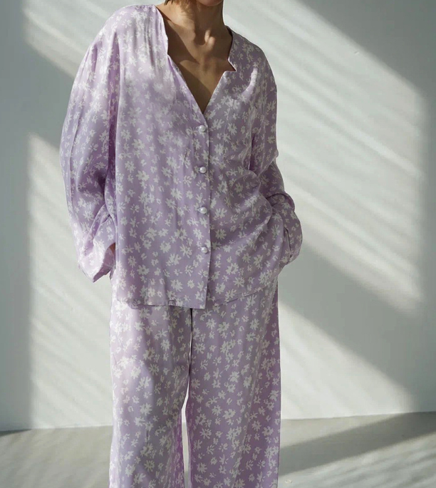 Комплект женский свободный крой цветочный принт длинный рукав