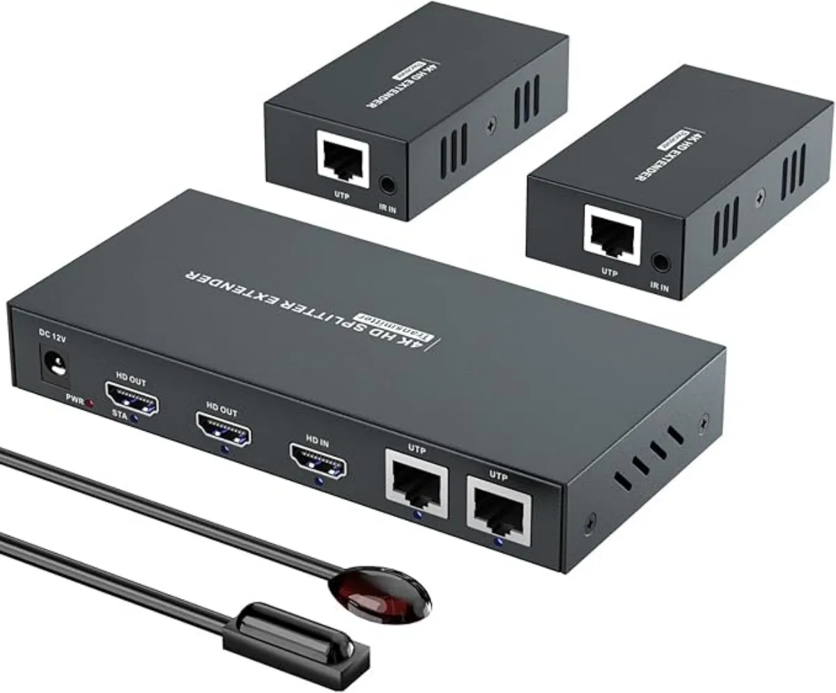 HDMI Extender Splitter 1X2 1080P@60Hz Over Cat 5e/6/7 Ethernet Cable 50m (165FT) Support 2 HDMI Loopout EDID Copy Poc Function (1 in 2 Out)