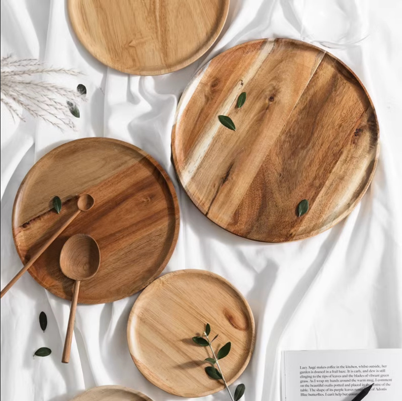 Natural Acacia Wood Dinner Plates Round Serving Tray for Dessert Salad Charcuterie