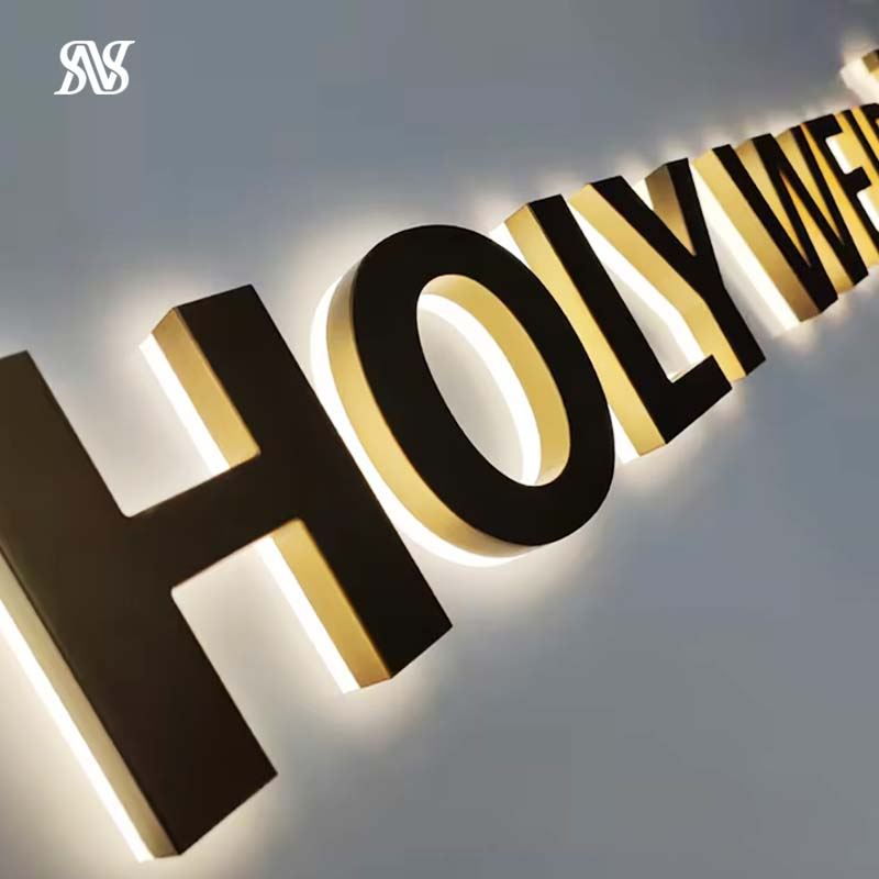 3D Backlit Stainless Steel Channel Letter Signs Gold Illuminated Logo Business Signage LED Backlit Letter