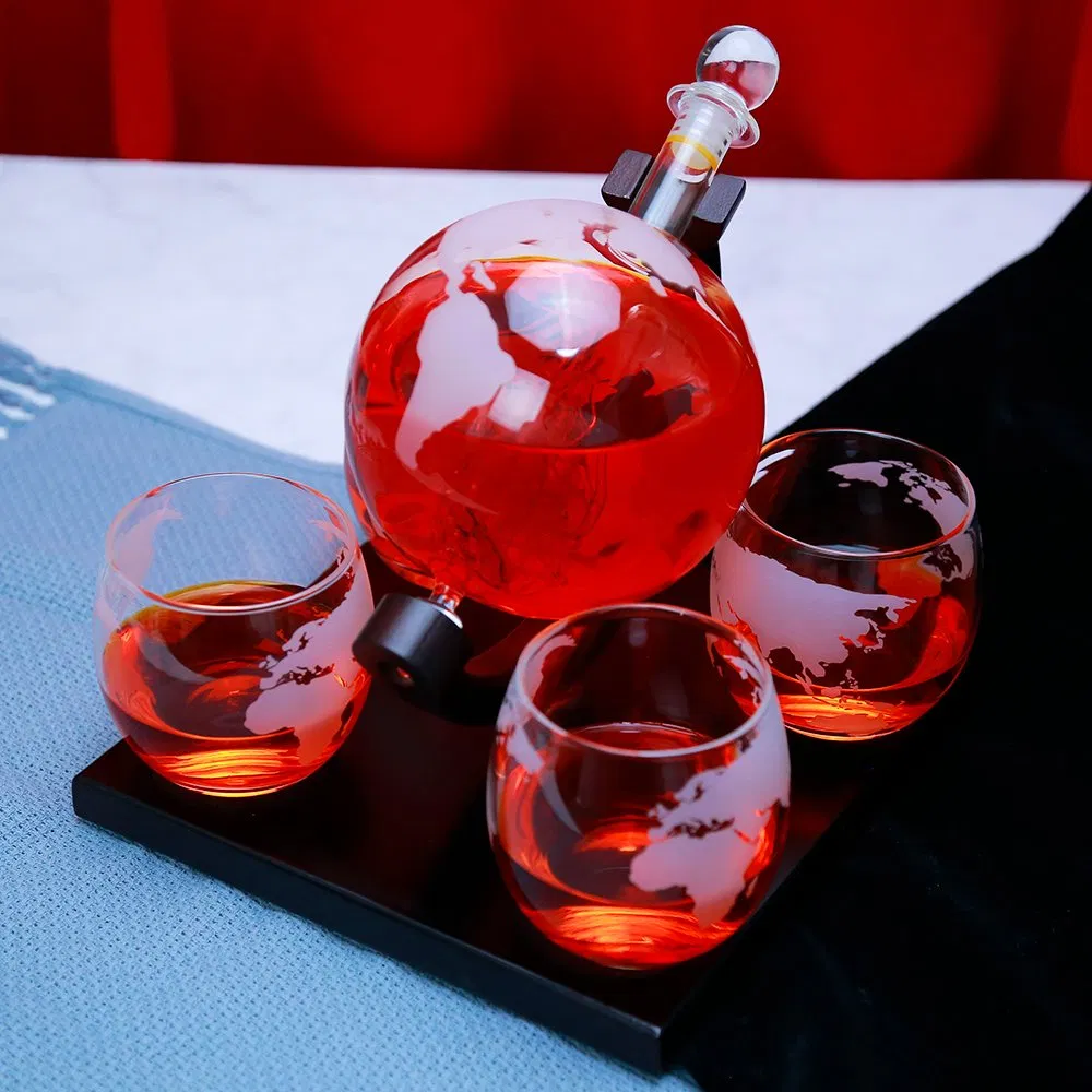 Etched World Globe Design Unique Whiskey Decanter Sets for Men