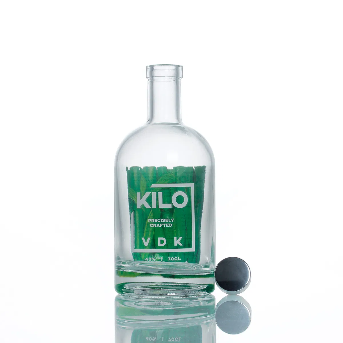 High-End Green Silk Screen Printing Double-Sided Decals Flint Round Spirit Liquor Alcohol Glass Bottle