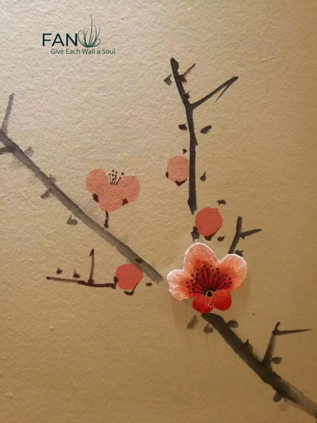 Pleasing Red Plum Blossom Hand-Painted Embroidered Wallpaper for Home