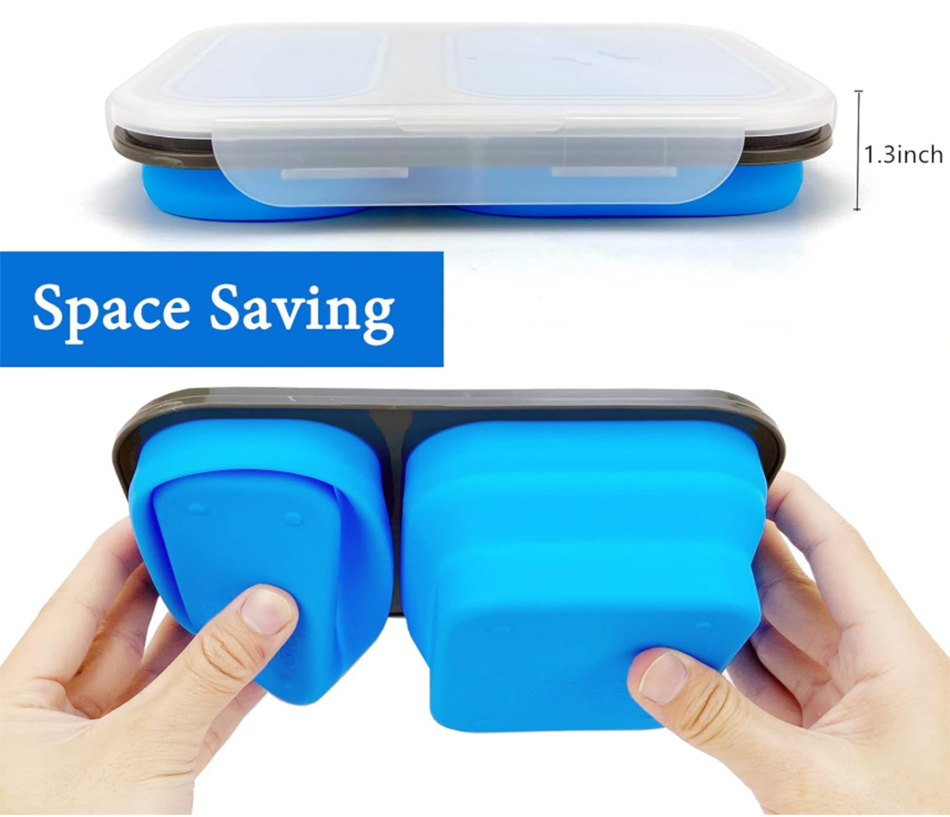 2 Compartments Collapsible Silicone Lunch Box with 2 in 1 Spoon & Fork