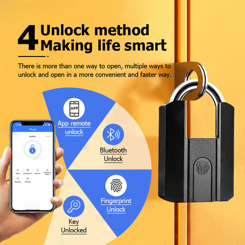 Waterproof IP65 Ttlock APP Bluetooth Smart Digital Fingerprint Padlock with Key