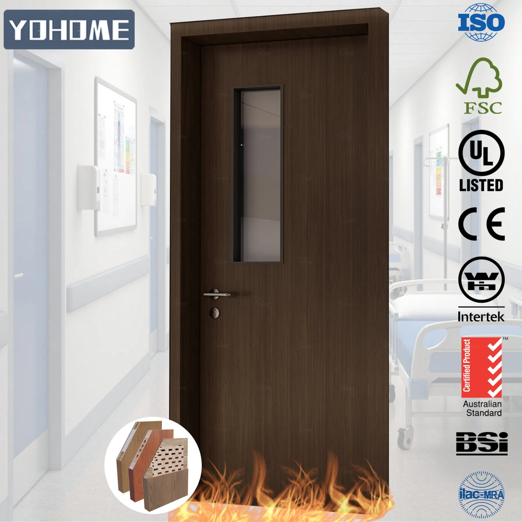 Yohome PRO Fire Door Manufacturer Hospital Engineering Project 45/60/90 Frl Fireproof Ward Door Wood Fire Rated Door with Window