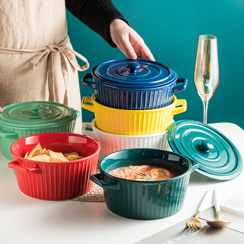 Binaural Ceramic Bowl with Lid Noodle Bowl Soup Bowl Household Salad Bowl with Cover