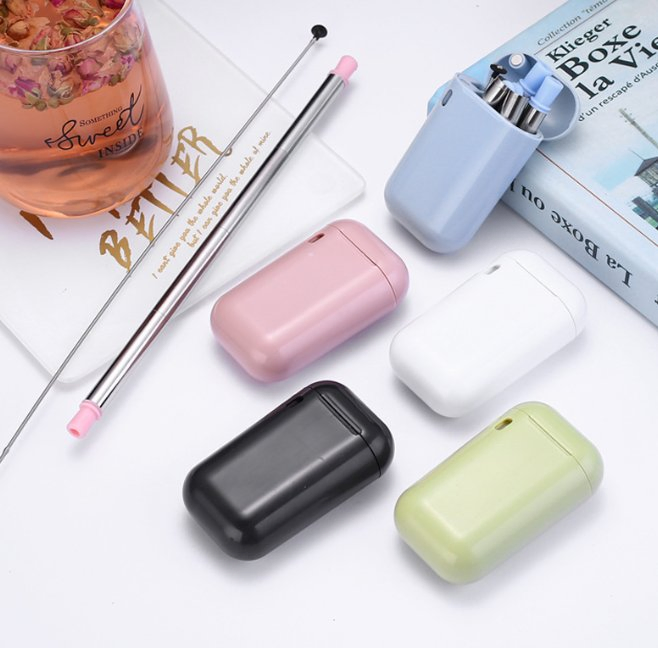 Custom Logo Portable Reusable Collapsible Silicone Foldable Straw Set with Case