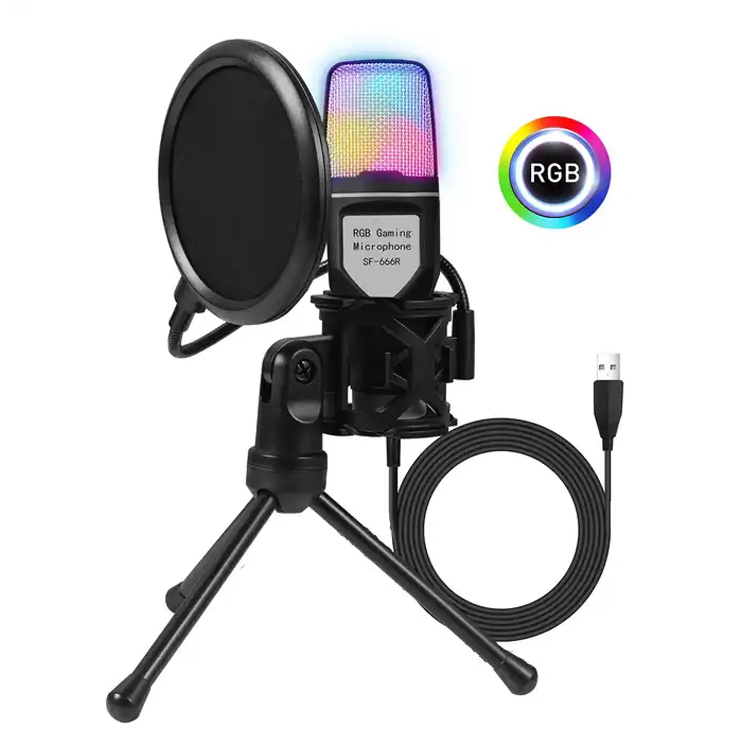 Gaming Microphone USB Condenser RGB Omnidirection Wired Filter Desktop Microphone for PC Recording Studio Live