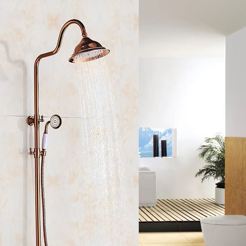 a Complete Shower System in The Bathroom, with Antique Brass Shower Faucets
