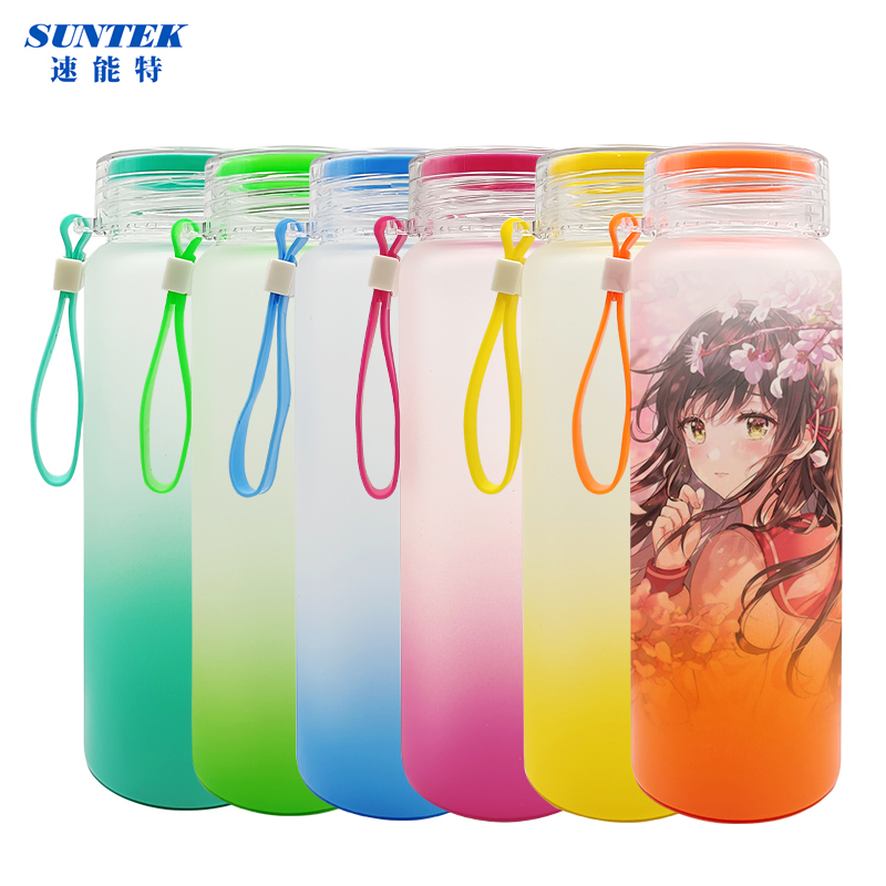2025 Wholesale Custom 500 Ml Frosted Gradient Glass Water Bottle with Silicone Strap for Sublimation Gifts (STB-BS500F)
