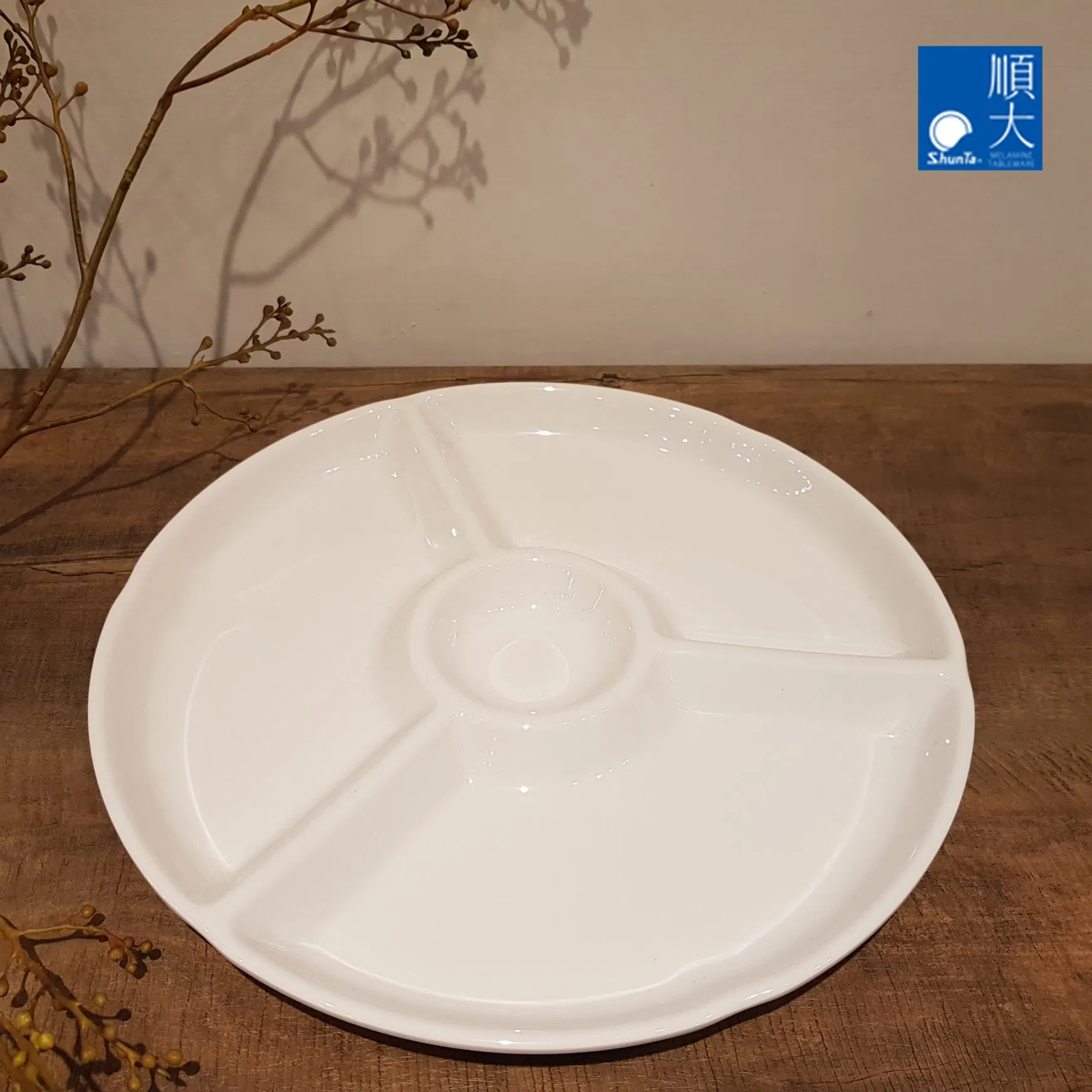 4-Divided Round Dish Melamine Plate Imitation Porcelain Material Side Dish