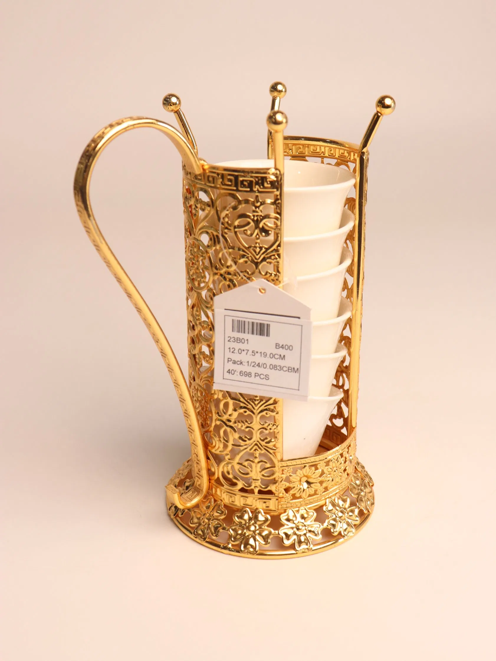 Decorative Gold-Plated Iron Frame with Ceramic Tea Cup Decoration Set