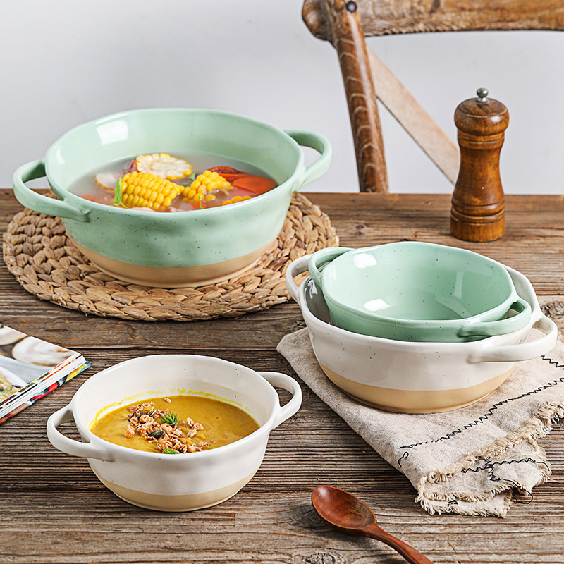 Ceramic Soup Bowl Double Ear Microwaveable Salad Pasta Noodle Bowl Household Tableware