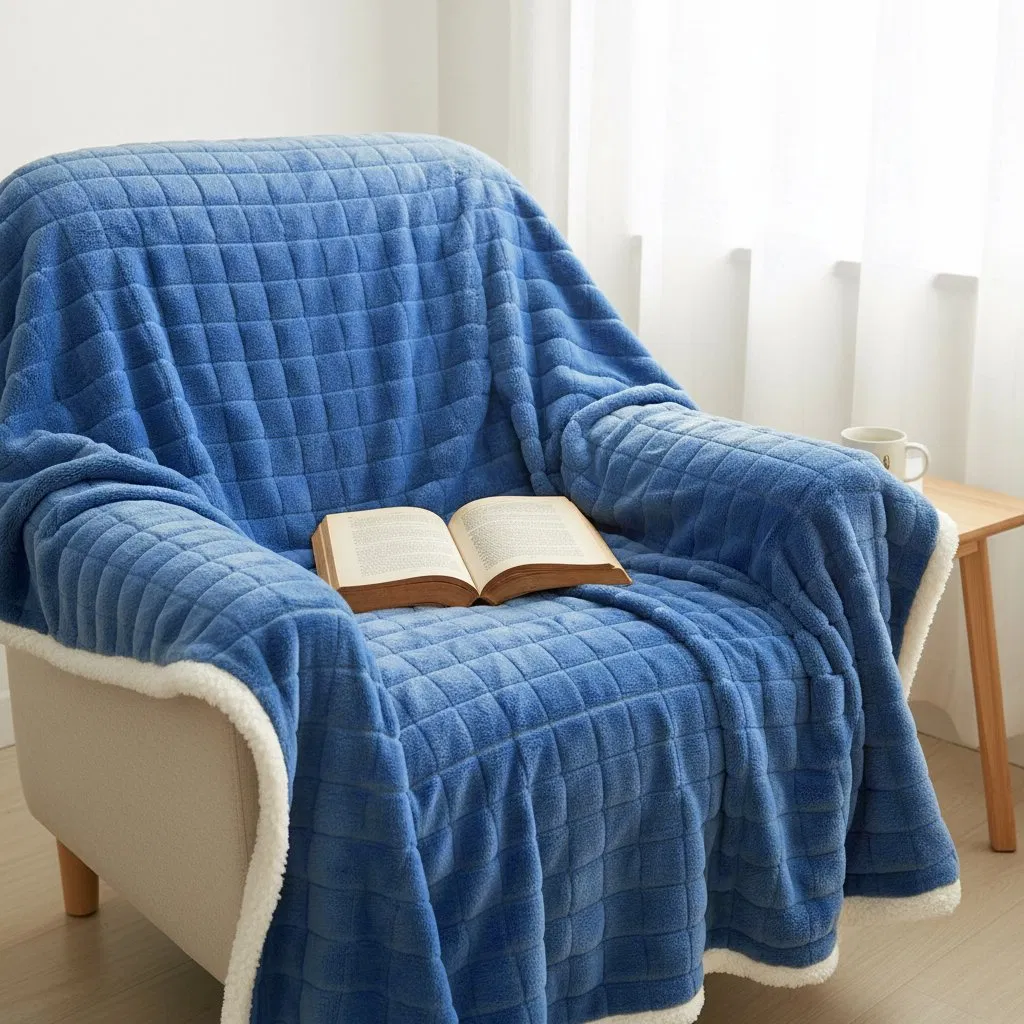 Dark Blue Checkered Faux Rabbit Fur Warm Nap Leisure Sofa Blanket