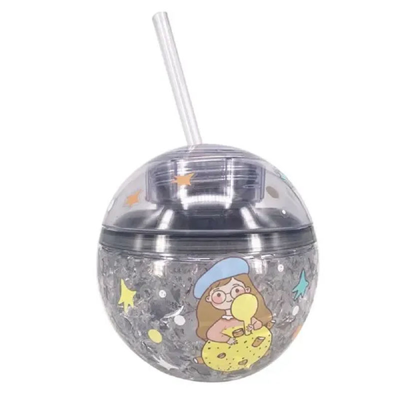 Round Shape Drinking Cup with Straw Reusable Spherical Plastic Bottle Tg013_1