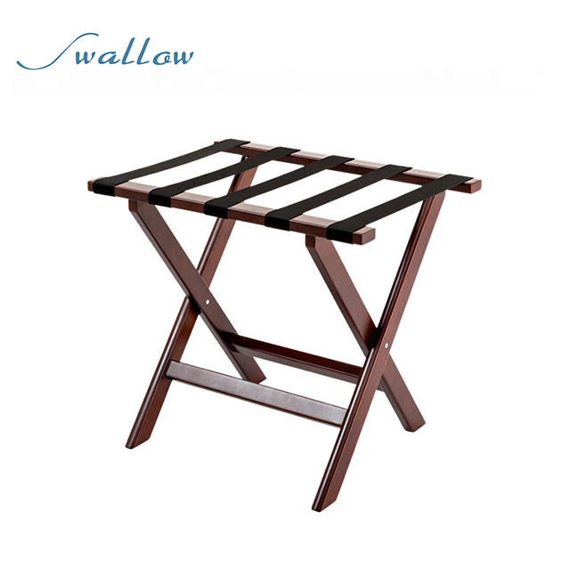 Folding Luggage Rack Made of Wood with Wand and Black Nylon Strap