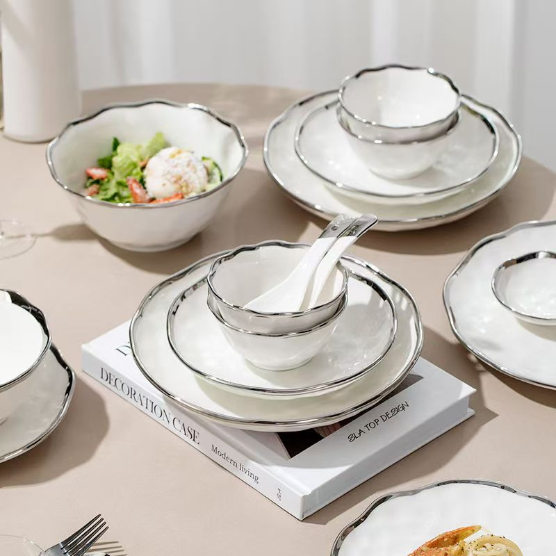Luxury White Ceramic Dinnerware Set Featuring Silver Accents