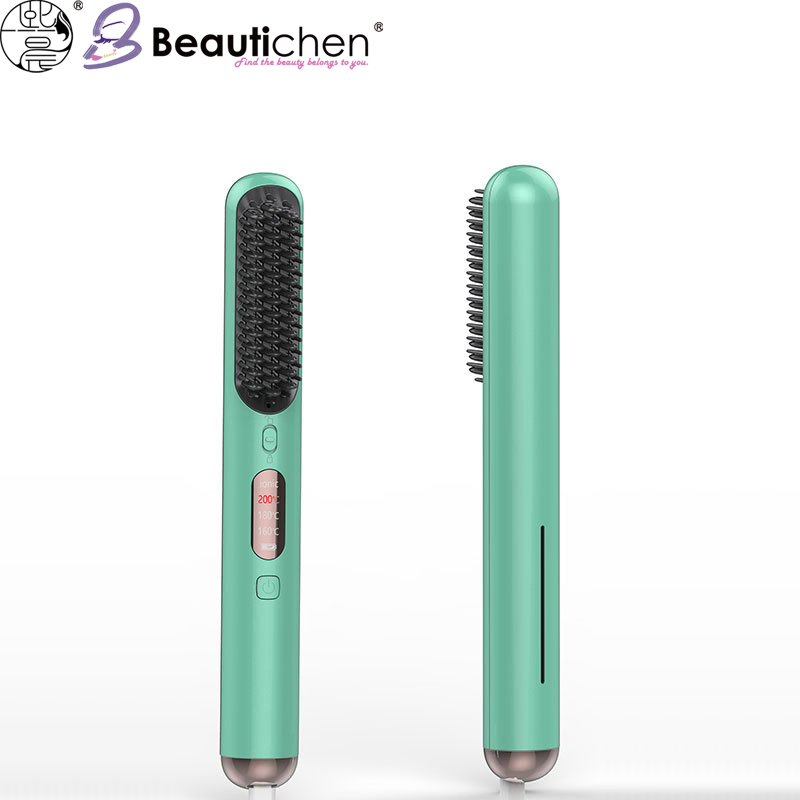 Beautichen Ionic Hair Straightening Brush – Slim Green Heated Comb with LED Display & Adjustable Temperature, Anti-Frizz Styling Tool for Straight & Curly