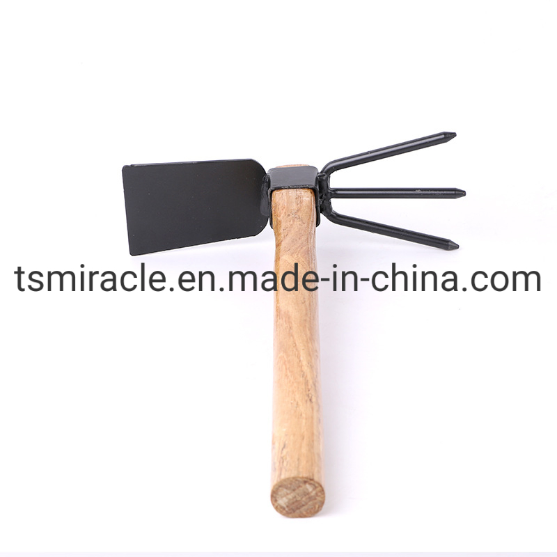 Garden Tool Black Wood Handle Plastic Sprayed Dual Purpose Hoe Four-Pronged Rake Sshovel Outdoor Hoe