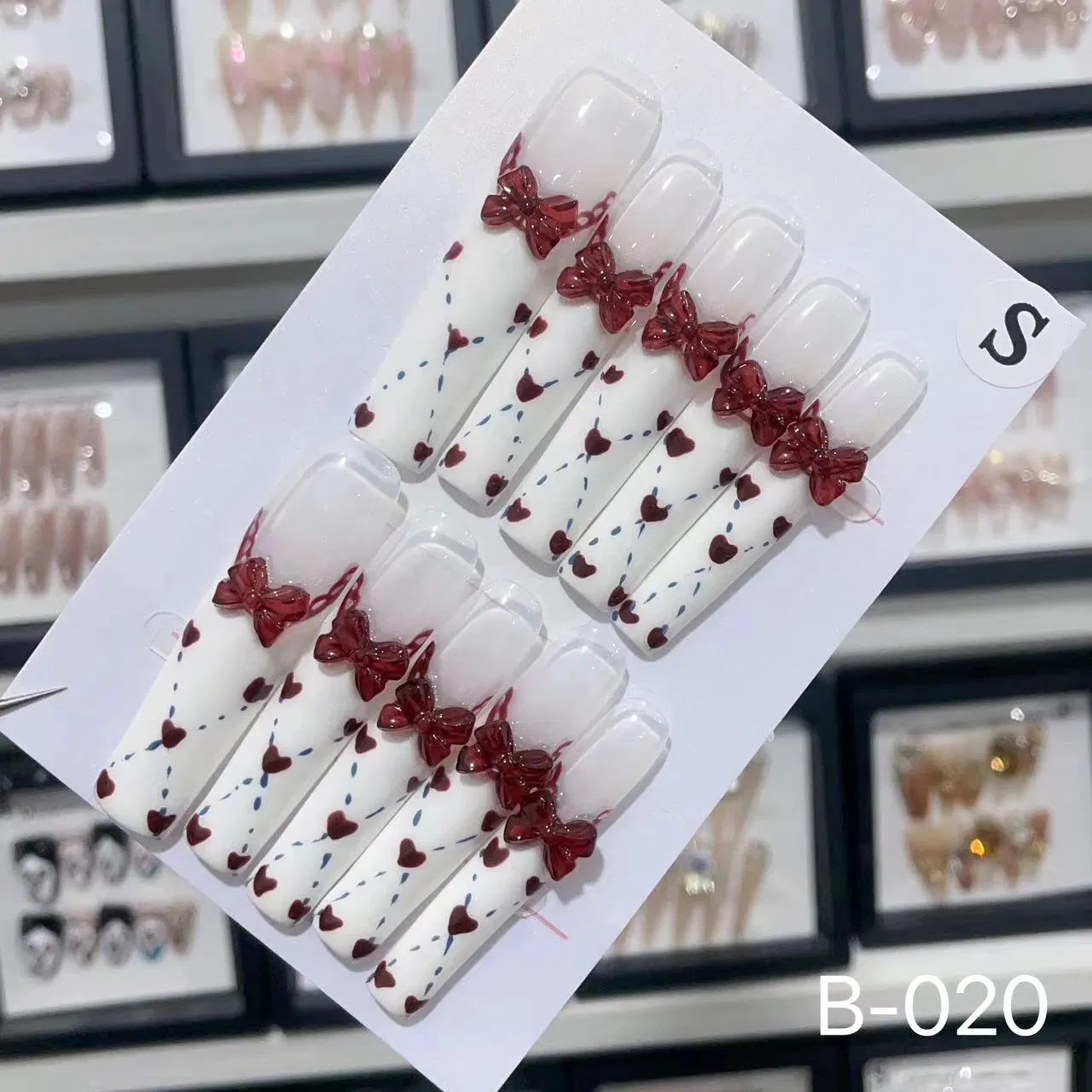Handmade Extra Long Square Red Butterfly Press on False French Manicure Kit Full Cover DIY Fake Nails Sticker Finger Nail Tips Fingernails Tool Suppliers Salon