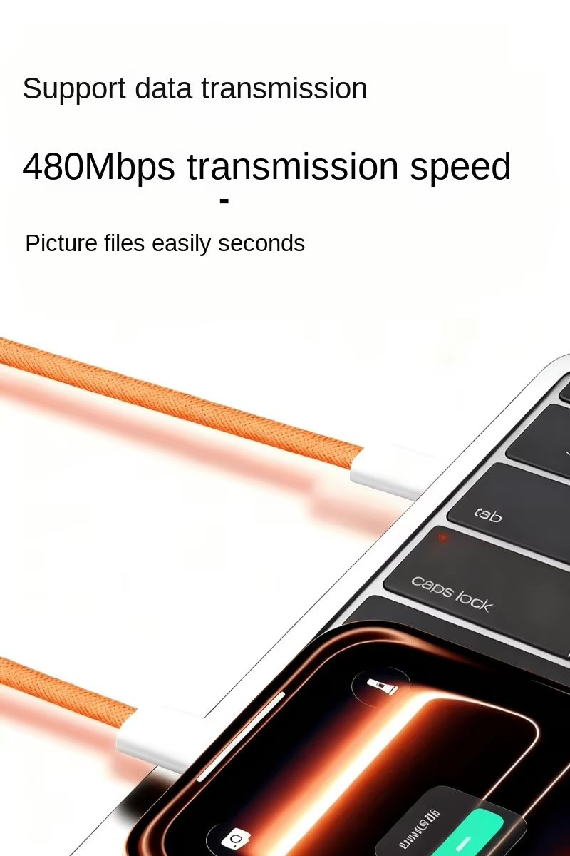 Кабель USB-C 60W оранжевый, нейлоновая оплетка