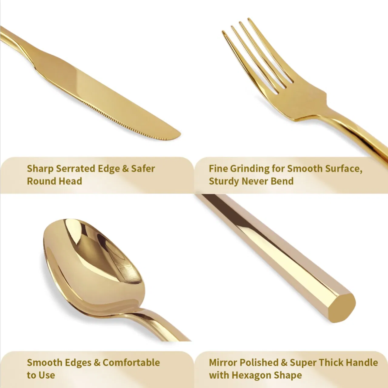 Wholesale Stainless Steel Hexagon Thick Handle Gold Cutlery for Wedding
