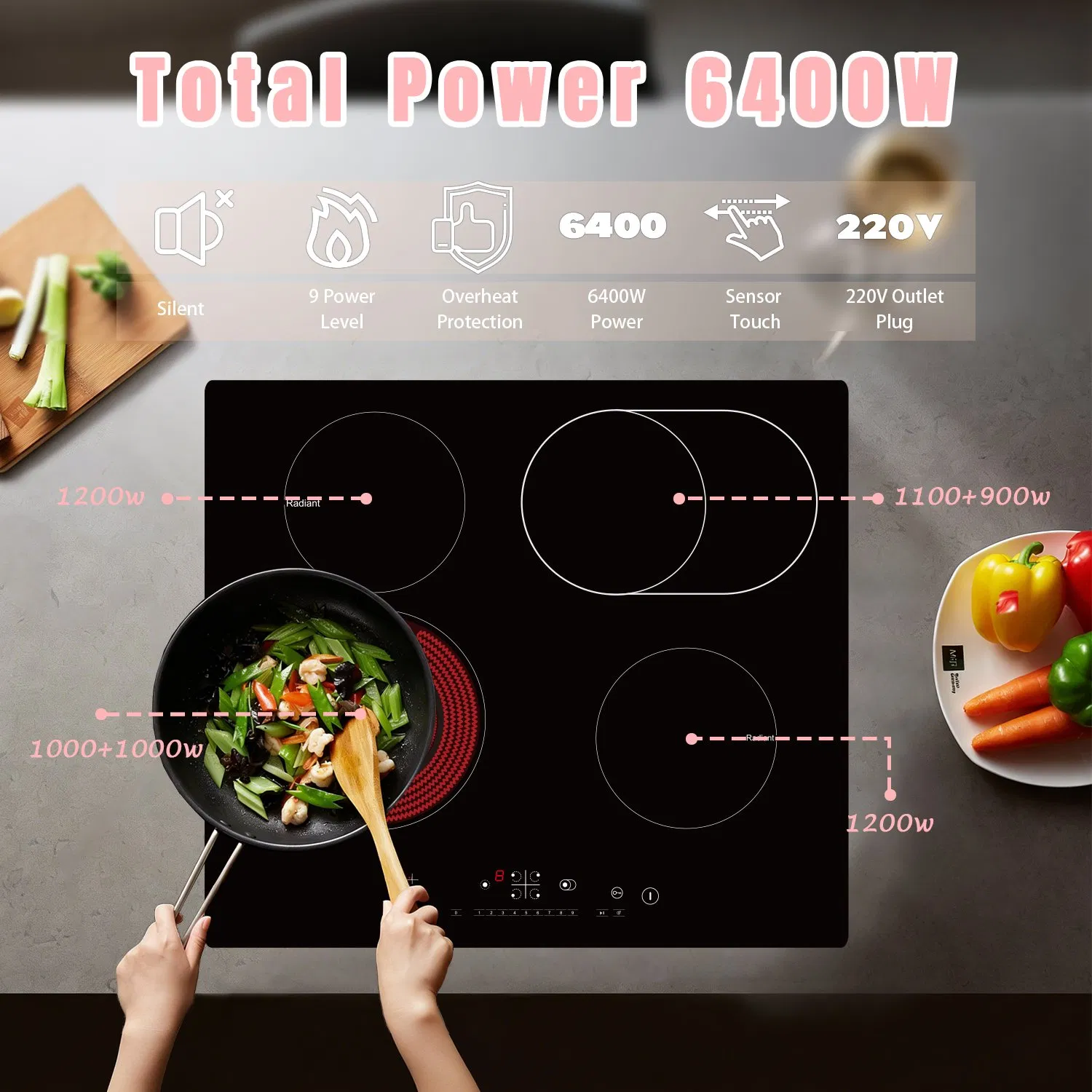 24 Inch Electric Cooktop 4 Burners, Drop-in Ceramic Cooktop, 6000W Radiant Electric Stove Top Burner with Touch Control, Safety Lock