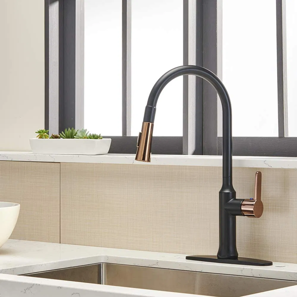 Aquacubic latest Designed Cupc Certified Tuned Color (Matte Black and Rose Gold) Slim Single Hole Pull Down Mixer Kitchen Faucet (AF1108-5)
