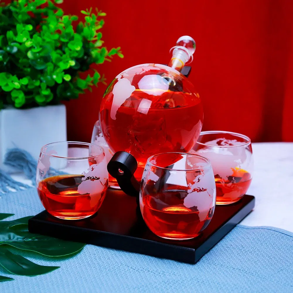 Unique Etched World Globe Design Whiskey Decanter Sets with Wooden Base and 4 Glasses