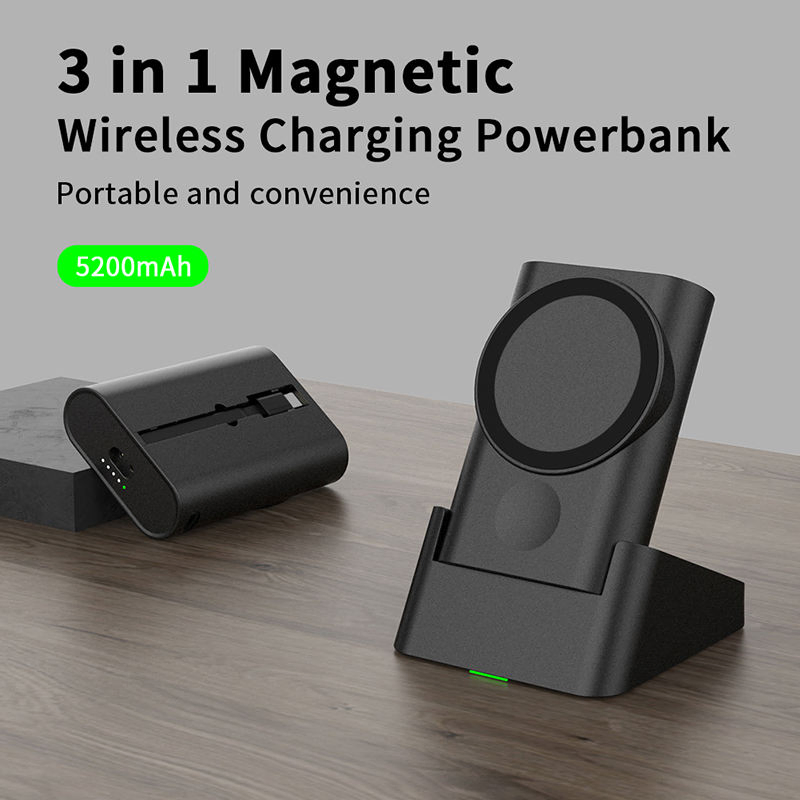 OEM Custom Branded Qi Wireless Charger and Magnetic Power Bank 2in1 Combined Design, Compatible for iPhone Mag-Safe and iWatch Auto-Align Charging