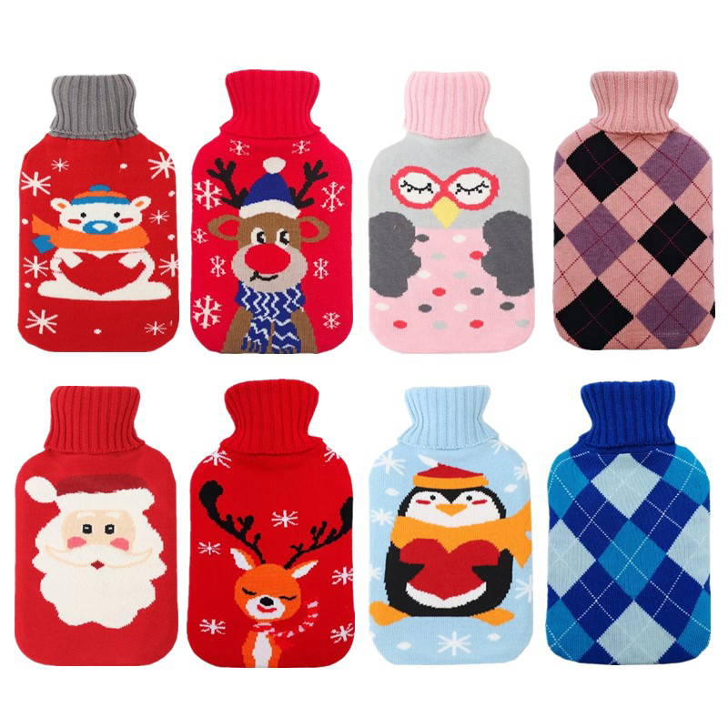 Wholesale Custom 100% Polyester Warm Red Christmas Elk Jacquard Knitted Embroidery Hot Water Bottle Cover
