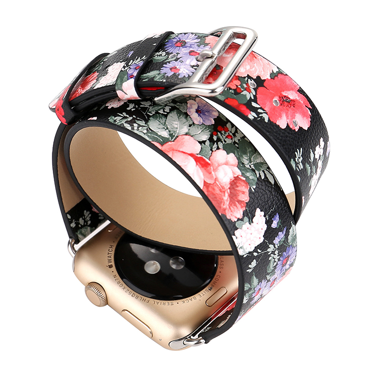 Elegant Floral Print Leather Watch Band for Apple Watch