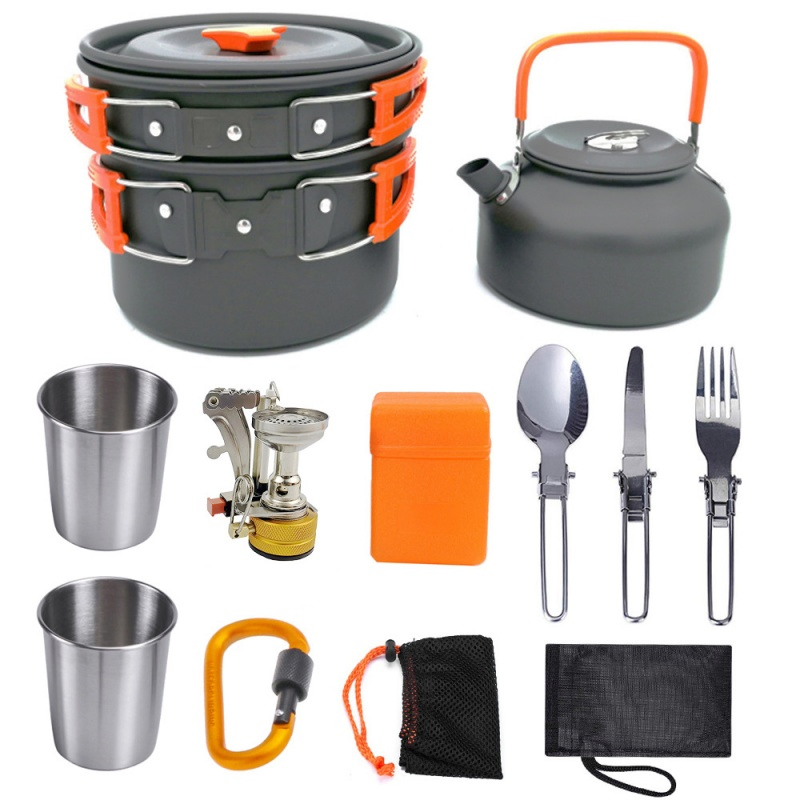 2~3 Person Camping Cookware Mess Kit with Kettle Non Stick Pot Outdoor Cookware