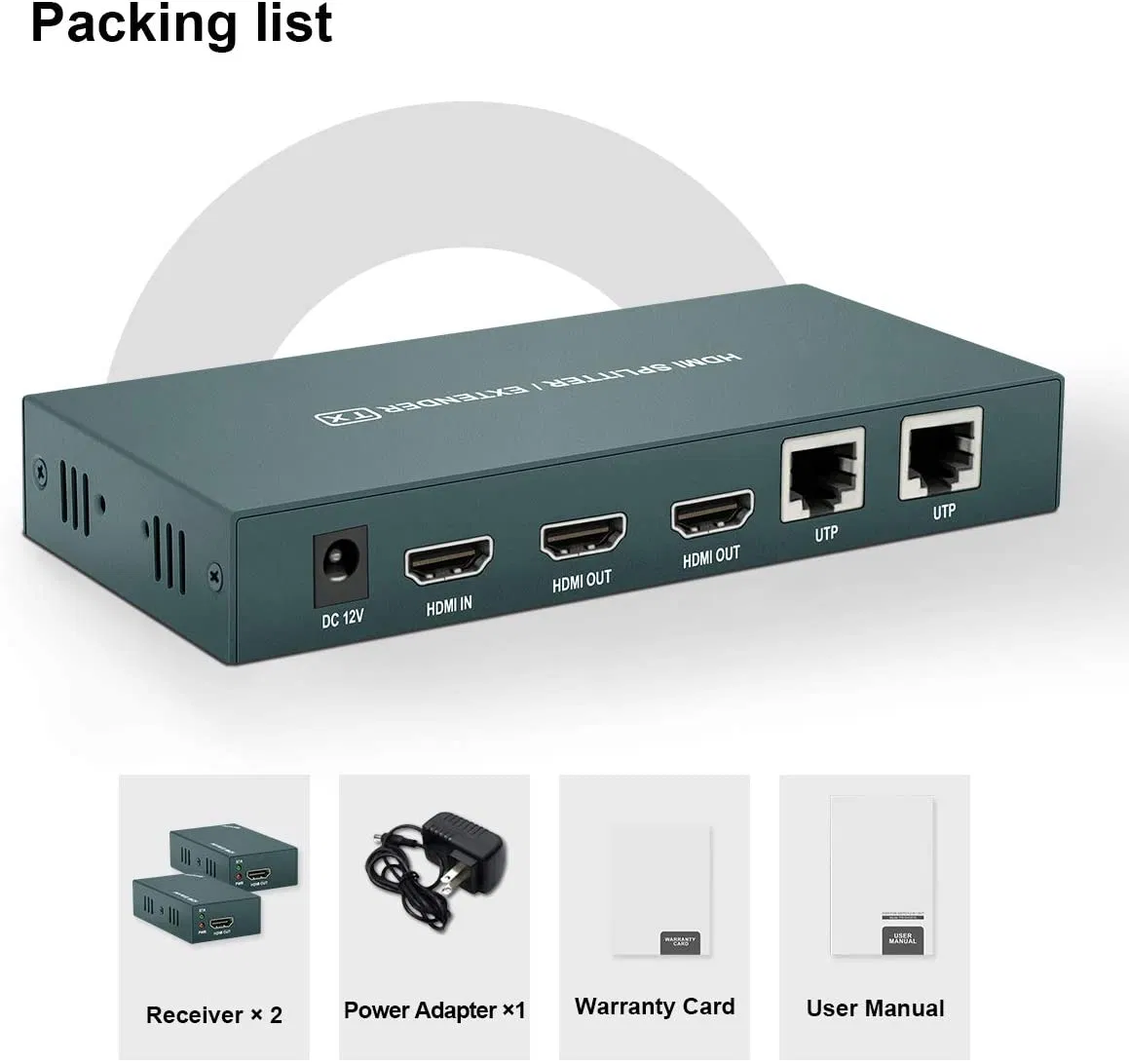 HDMI Extender Splitter 1X2 1080P@60Hz Over Cat 5e/6/7 Ethernet Cable 50m (165FT) Support 2 HDMI Loopout EDID Copy Poc Function (1 in 2 Out)