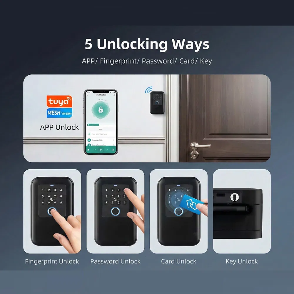 Waterproof IP66 Tuya Fingerprint Password IC Card Smart Key Box with Physical Silicone Keypad Button