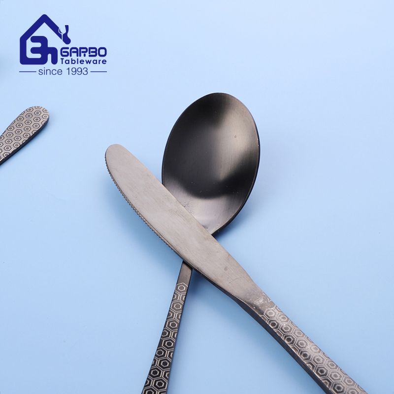 Handmade Electronic-Plating Matt Black Stainless Steel Cutlery Set Metal Flatware Set with Decorative Laser Handle Silverware Set Dessert Spoon Knife Fork