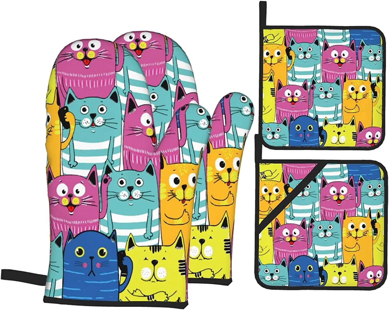 Colorful Cute Cat Heat Resistant Kitchen Microwave Gloves and Pot Holders with Cotton Lined Handle Cooking Gloves
