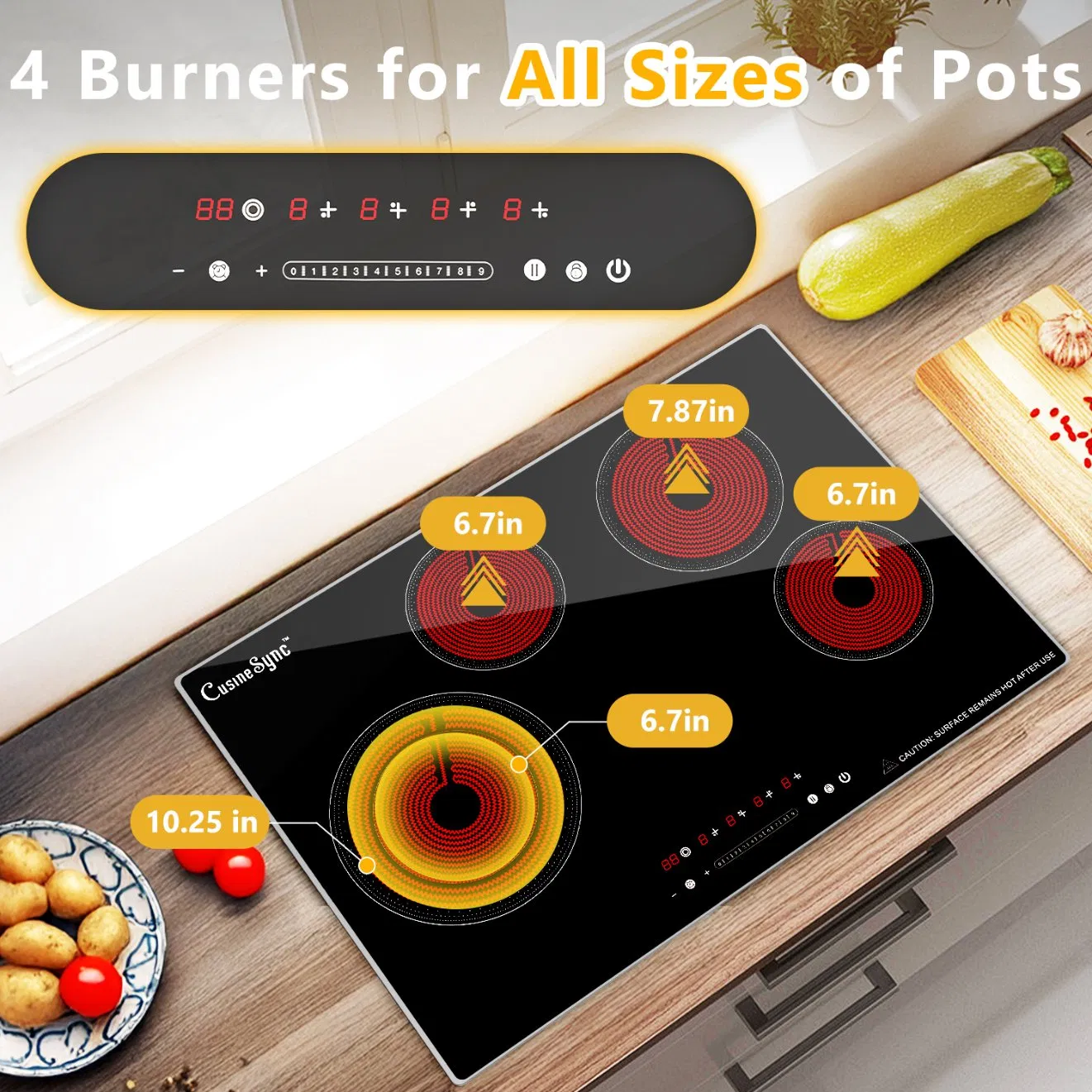 30 Inch Built-in Radiant Electric Cooktop, 4 Burner Smoothtop Stove Top with Expandable Dual Zone, 7200W 240V Hardwired Touch Control, 9 Power Levels, Timer