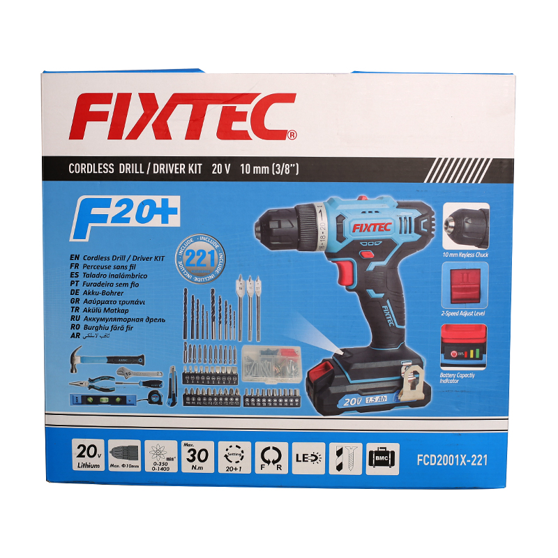 Аккумуляторная дрель-шуруповерт Fixtec 20V с 221 насадкой
