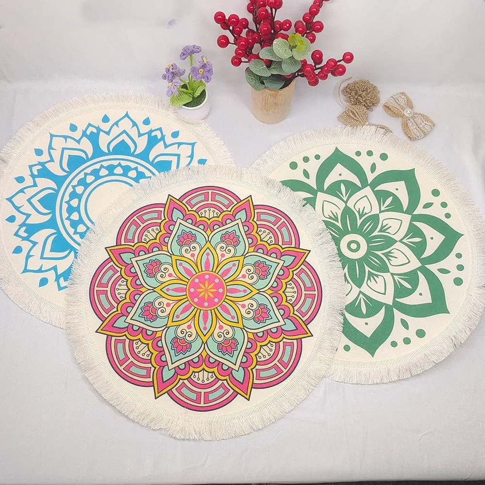 Boho Round Placemats Table Decor Soft Polyester Waterproof Placemat with Fringe for Dining Table