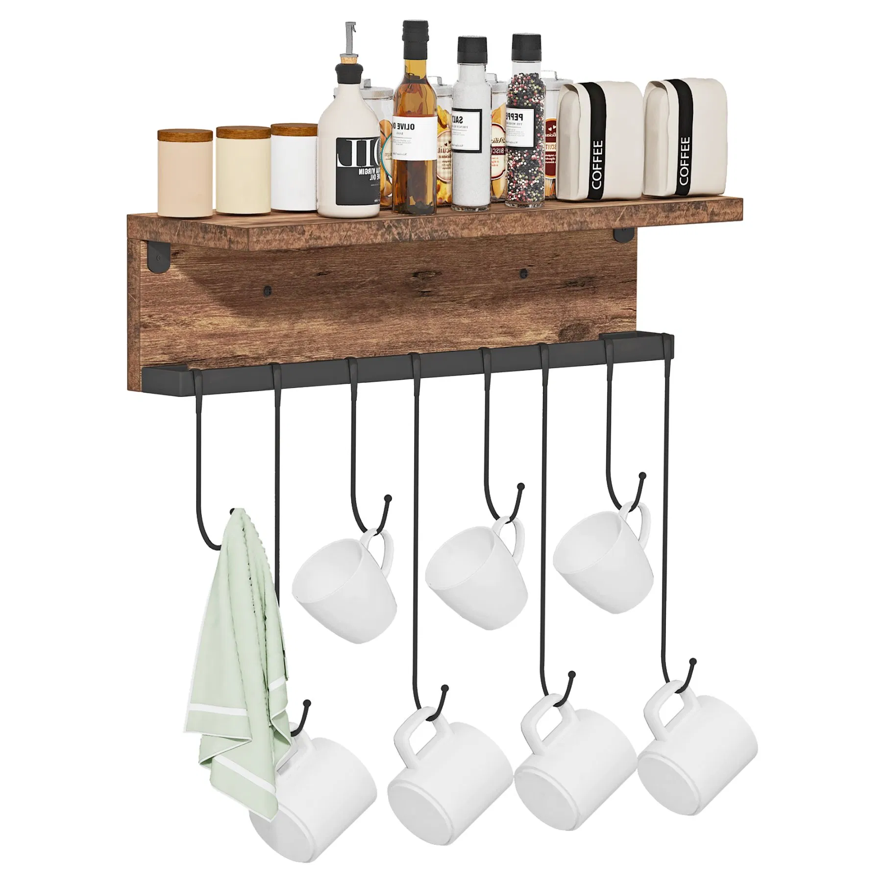 Wall Mounted Metal Wood Hook Rack Shelf for Kitchen Bathroom Hanger Organization