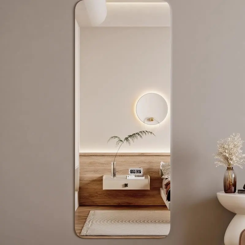 Full-Length Wall Mirror with Self-Adhesive Mounting for Bedrooms