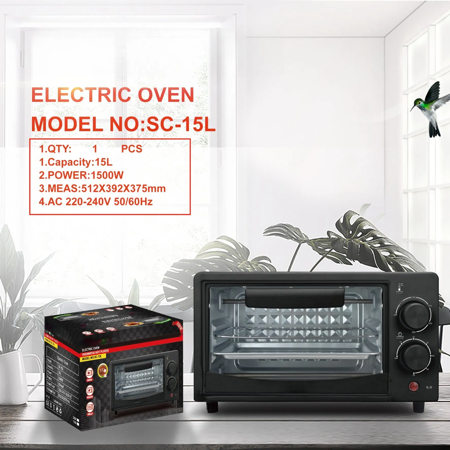 Electric Countertop Oven with Temperature Control, No Timer Viewing Window, Even Heating and Household