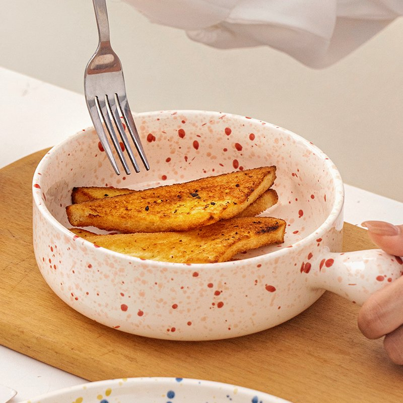 Ins Style Speckle Pattern Ceramic Bowl with Handle Home Kitchenware