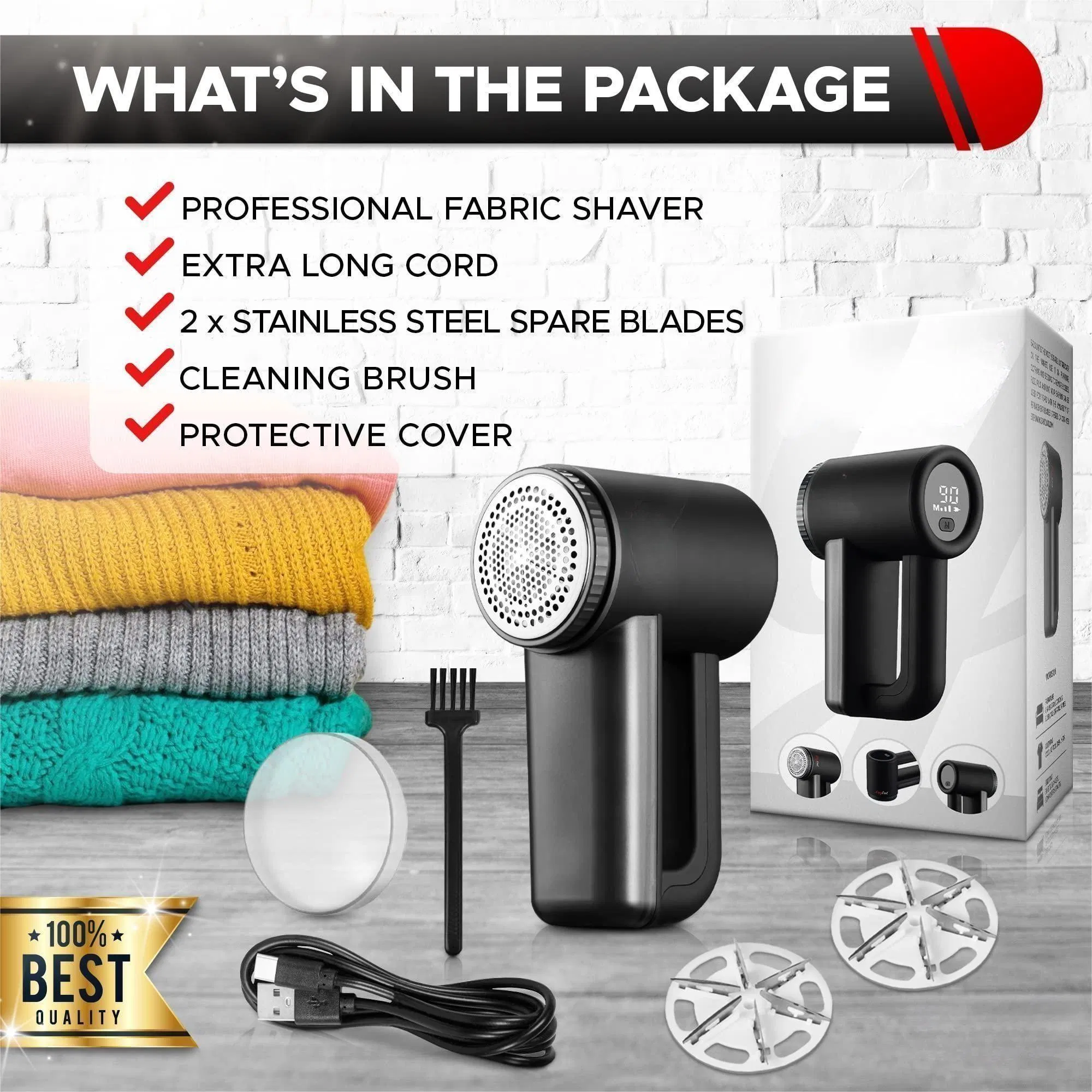 3-Speeds 6-Leaf-Blade LED-Display USB-Charging Professional Rechargeable Fuzz Bobbles Fabric Shaver Lint Remover