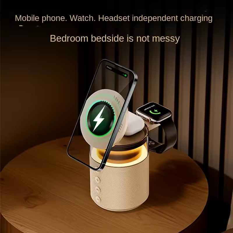 3-in-1 Magnetic Bluetooth Speaker with Wireless Charger LED Night Light Portable Super Bass Portable Smart Desktop Music Dock for Home, Office & Outdoor Use