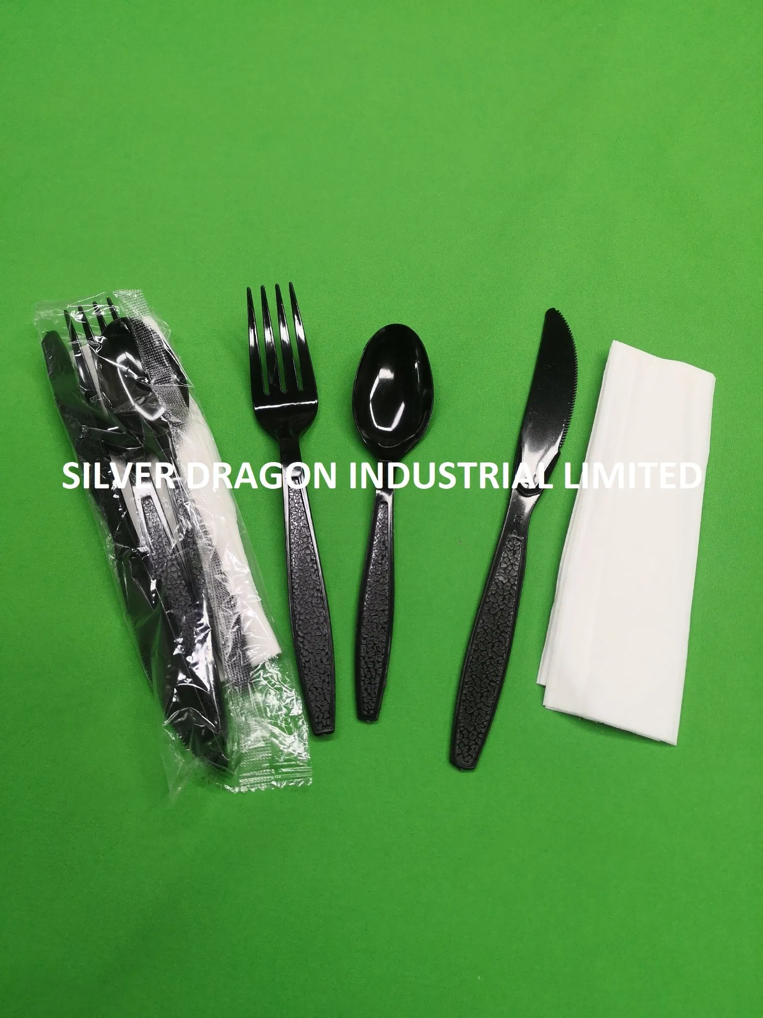 Black Disposable PS Plastic Cutlery Set (includes fork, knife, spoon & tissue each)