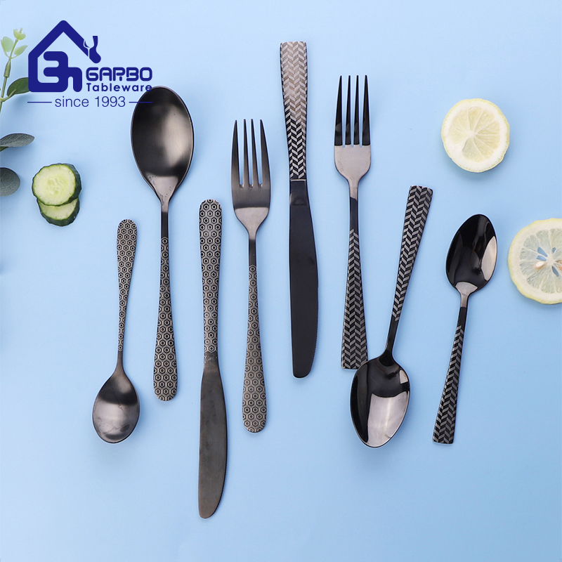 Handmade Electronic-Plating Matt Black Stainless Steel Cutlery Set Metal Flatware Set with Decorative Laser Handle Silverware Set Dessert Spoon Knife Fork